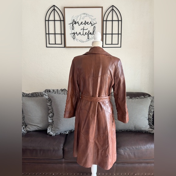 Vintage Rare 24K By Dan Di Modes Brown Leather Belted Trench Coat Fall - Picture 6 of 16